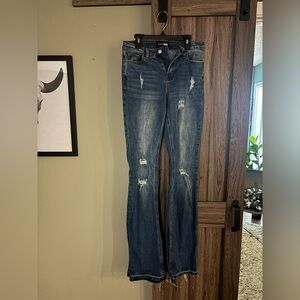 Fashion Nova Dark Blue Distressed Flare Jeans